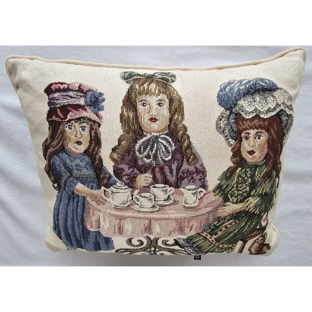 VTG Doll Tea Party Tapestry Pillow Cottage Granny Dakotah Victorian Porcelain